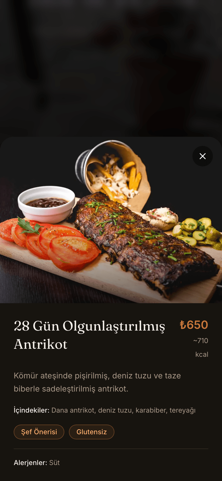 Ürün detay sayfası — fiyat, kalori, içindekiler, alerjenler