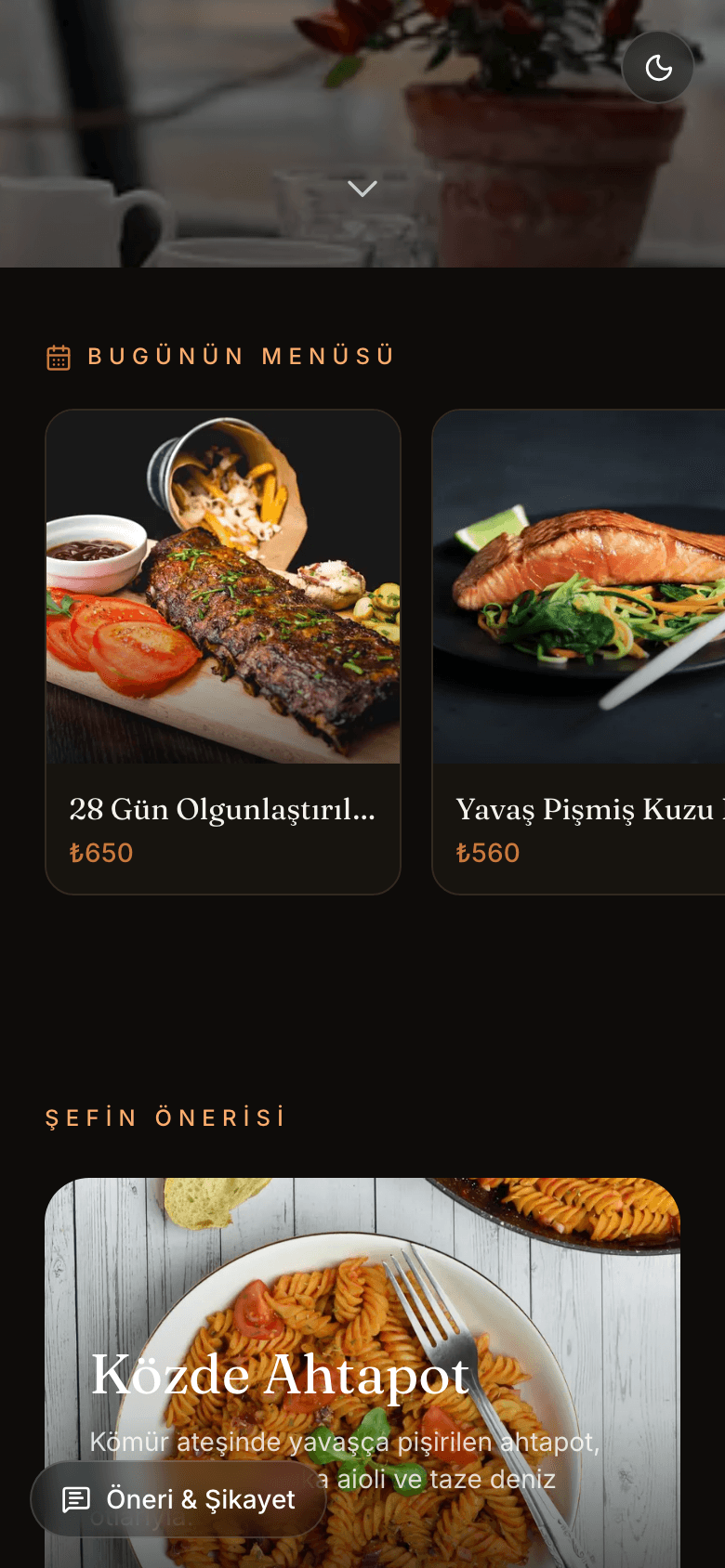 Müşterinin gördüğü menü — kategoriler ve günün menüsü